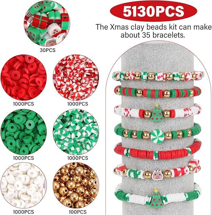 Christmas Clay Beads for Bracelets - 5000 Pcs Christmas Beads, 30 Xmas Charms, 100 Gold Spacer Bead, Red Green Heishi Bead Kit for DIY Christmas-Bracelet Making Kit & Jewelry Crafts