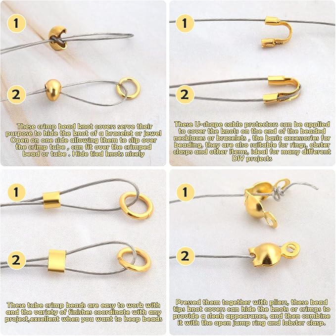 Acejoz 1200 Pcs Crimp Beads Supplies for Jewelry Making, Including Crimp Covers, Crimp Tubes and Wire Guardians, Lobster Clasps, Jump Rings, Crimping Pliers and Beading Wire for Bracelets Making