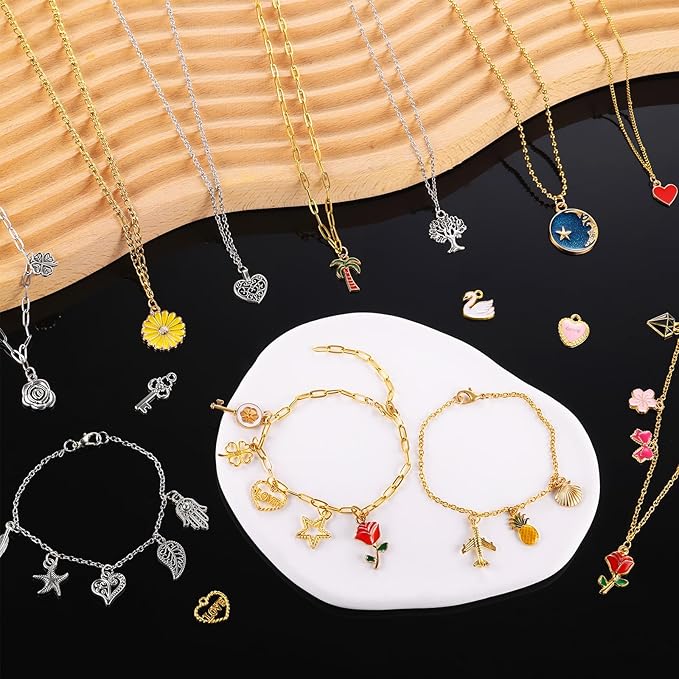 Zefy 18K Gold Silver Chain for Jewelry Making Kit, 39.6ft 12 Rolls Stainless Steel Chains Bulk with 380 Pcs Charms, Jump Rings Lobster Clasps Set for DIY Bracelet Necklace Crafts