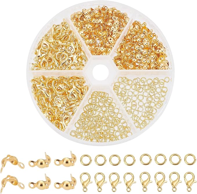 PH PandaHall 500pcs Jewelry Making Accessory Set 200pcs 4mm 21 Guage Open Jump Ring 100pcs 12x6mm Lobster Claw Clasp 200pcs 7mm Bead Tips Knot Covers for Earring Bracelet Jewelry Making, Gold