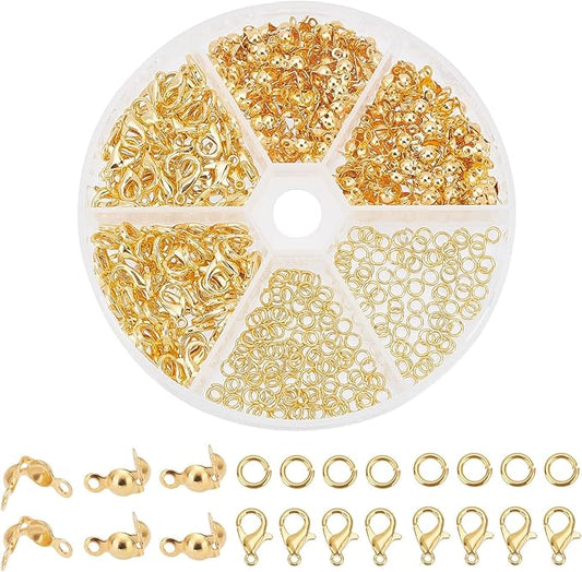 PH PandaHall 500pcs Jewelry Making Accessory Set 200pcs 4mm 21 Guage Open Jump Ring 100pcs 12x6mm Lobster Claw Clasp 200pcs 7mm Bead Tips Knot Covers for Earring Bracelet Jewelry Making, Gold