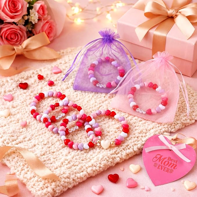 Kigeli Mother's Day Heart-Shaped Card Set for Crafters - DIY Gifts, Card Making, Jewelry, Personalized Presents - Includes 24 Cards, 600 Beads, Organza Bags, Elastic Thread & mom Beads