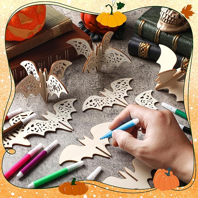 Blosssound 48 Pcs Summer Halloween Craft Set 36 Wood Bats for Crafts 3D Bats Cutouts with 12 Colored Marker Wooden Unfinished Slices to Paint for Summer Halloween DIY Handmade Tiered Tray Decor