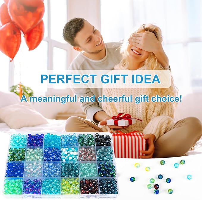 XSEINO About 1200pcs 6mm Crack Glass Beads Bracelet Making Kit,24 Assorted Crackle Oceanic Blue Series Colorful Crystal Beads for Bracelet,Jewelry Making,DIY Crafts,Friendship Bracelets