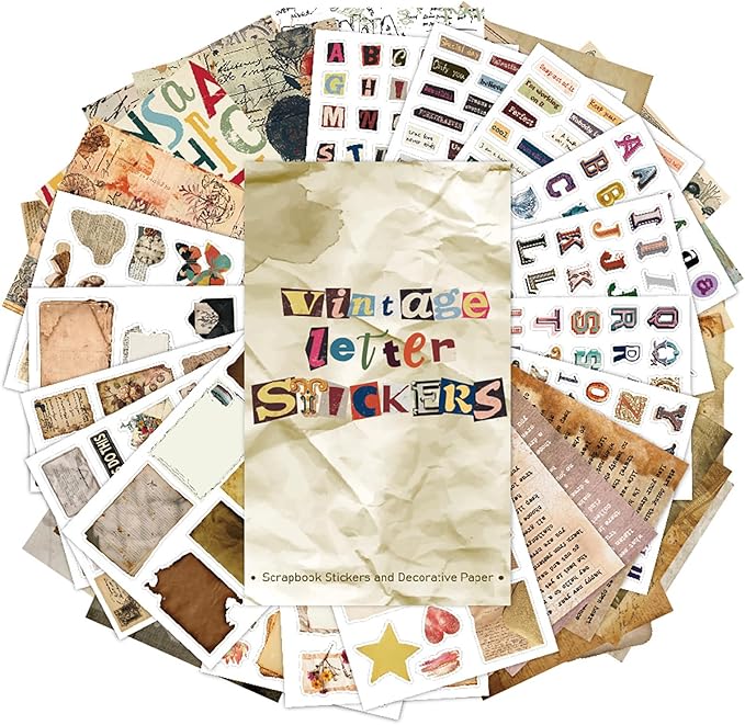 Doraking 38 Sheets Vintage Letter Washi Stickers and Scrapbook Papers for Journaling, Pre-Cut Aesthetic Washi Stickers Material Paper for Scrapbooking Junk Journal Supplies DIY Crafts Arts