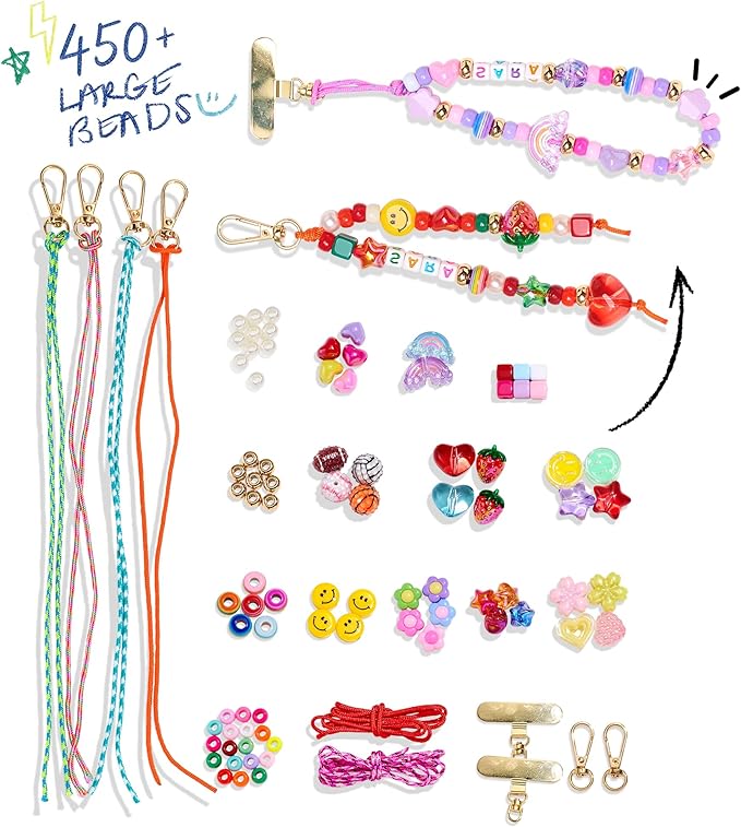 MINIMISSMIANYC DIY Keychain Making Kit for Women，Acrylic Heart Star Flower Letter Alphabet Baseball Pony Beads Phone Bag Charm Bead Kit Art Carft Jewelry Making Kit for Girls Boys Kids