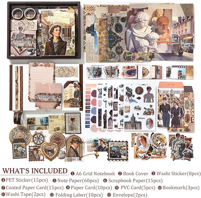 scrapbook supplies kit, vintage junk journaling supplies, scrapbooking kit with aesthetic stuff, stationary set, diy journal accessories, ephemera collage craft supplies gift for adults women beginner