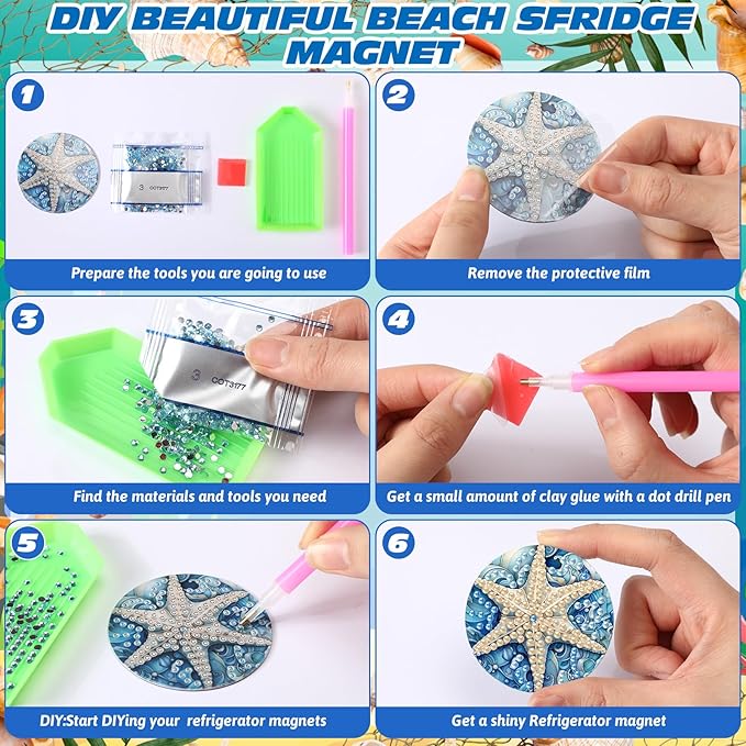 30 Pcs Magnetic Diamond Art Painting Ocean Magnets Blue Fridge Diamond Art Painting Kits Sticker Magnet DIY Craft for Adult Beginner Souvenir Gift Office Home Decor