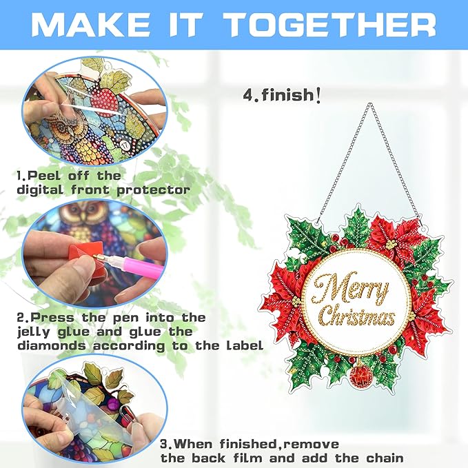VAIIEYO Christmas Diamond Art Hanging Ornament, Garland Diamond Painting Suncatchers Window Hanging Kit with Chain, 7.5x7.5 inch Crystal Pendant Art Craft for Gift Home Wall Front Door Decoration