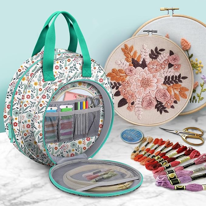 FINPAC Embroidery Project Bag, Embroidery Supplies Storage Carrying Tote Case with Multiple Pockets for Floss, Hoops, Thread, Stitch Tools Kit [Bag Only], Spring Bloom