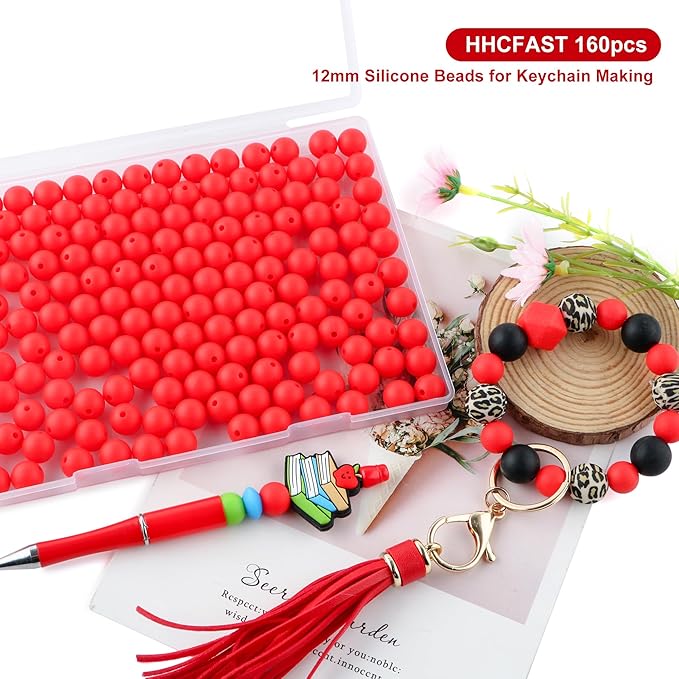 160Pcs 12mm Silicone Beads for Keychain Making Bracelet Necklace, Bulk Round Silicone Beads for Pens（Scarlet Red）