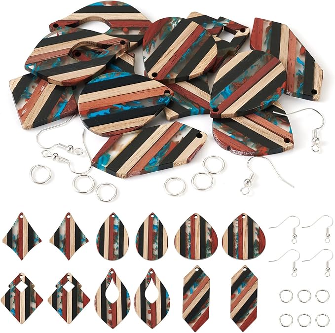 Beadthoven 52pcs Boho Wood Women Earring Making Kit, Striped Resin Earrings Charms Pendants Natural Wood Cutouts Pieces Wooden Earring Blanks with Earrings Hooks for DIY Jewelry Making Crafts