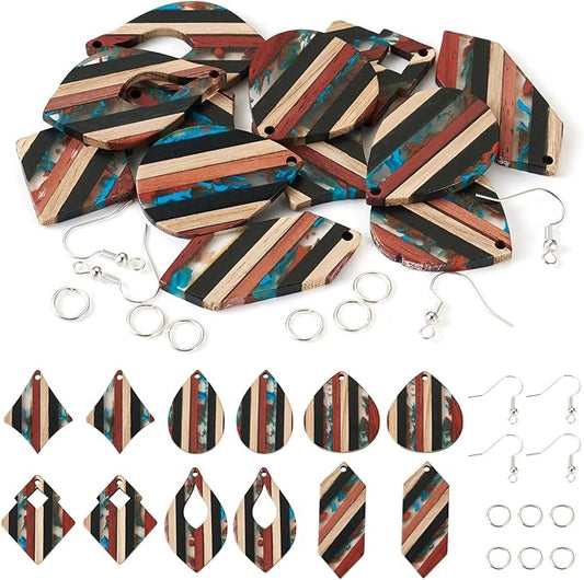 Beadthoven 52pcs Boho Wood Women Earring Making Kit, Striped Resin Earrings Charms Pendants Natural Wood Cutouts Pieces Wooden Earring Blanks with Earrings Hooks for DIY Jewelry Making Crafts