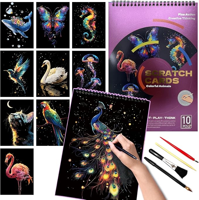 Animals Scratch Art Book for Adults-Colorful Animal Scratch Paper|Scratch Painting Paper Craft Kit|Creative Foil Engraving Scratch Art|Stress Relief Gift for Craft Lovers(Animal Series 1)