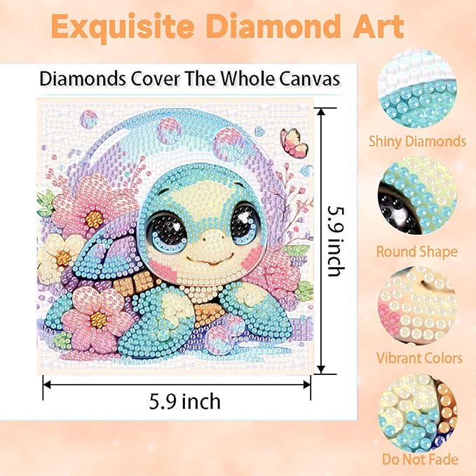 Arttoplus Turtle Diamond Art Kits for Kids 4-6-8-12 with Frame-Turtle Gem Art Kits for Kid,Animal Diamond Painting Kits for Kids with Frame for Gift Home Wall Decoration(7x7inch)