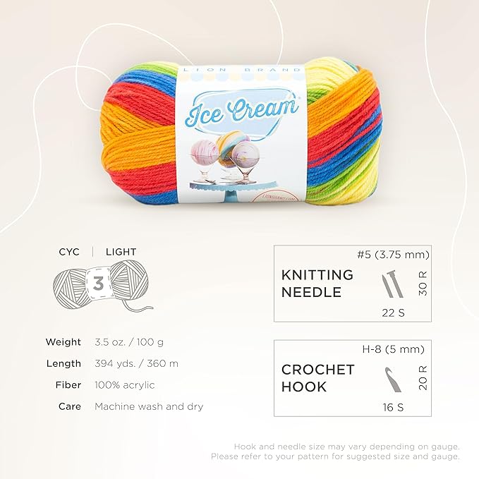 Lion Brand Yarn, Ice Cream Baby Yarn for Knitting, Crochet, and Crafts, Hokey Pokey, 3 Pack, DK Weight Colorful Acrylic Fiber for Baby Blankets, Hats, and Sweaters