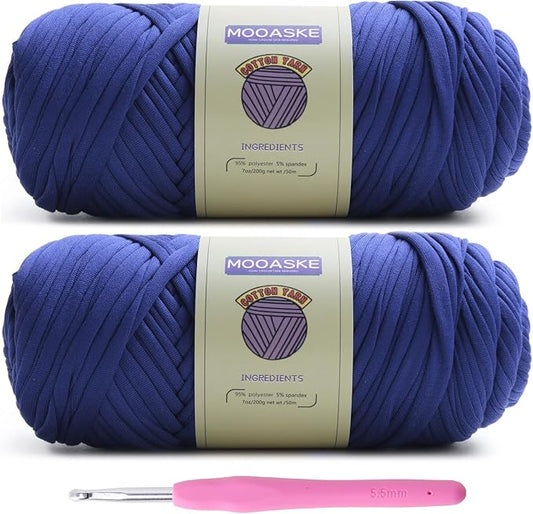 2 Pack T-Shirt Crochet Yarn for DIY Knitting Crochet Cloth Blanket Bag Dolls - 400g Chunky Thick Yarn for Crocheting with Polyester-Spandex Blend Elastic Fabric (Blue)
