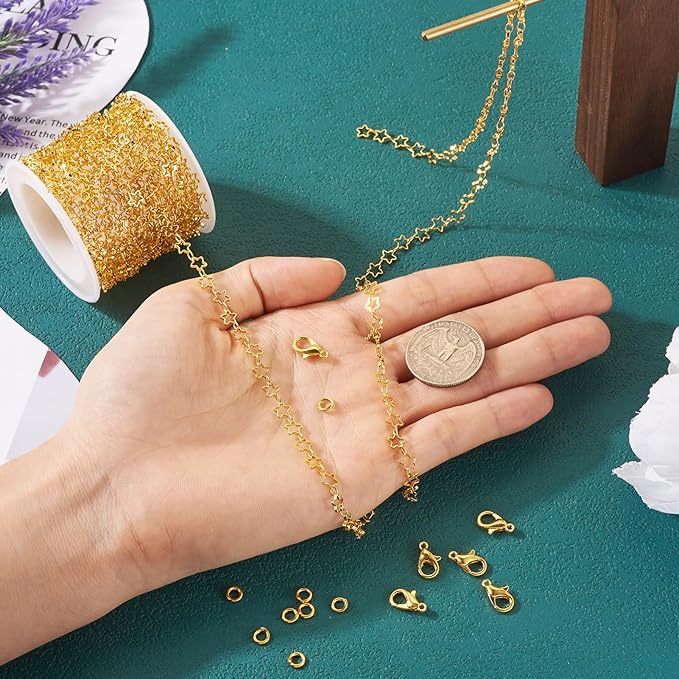 Pandahall 16.4 Feet 14K Gold Plated Star Jewelry Chains Brass Stars Link Chains Gold Soldered Cable Chains Necklace Welded Oval Link Chains & Jump Rings & Clasp for Women Bracelet Jewelry Making