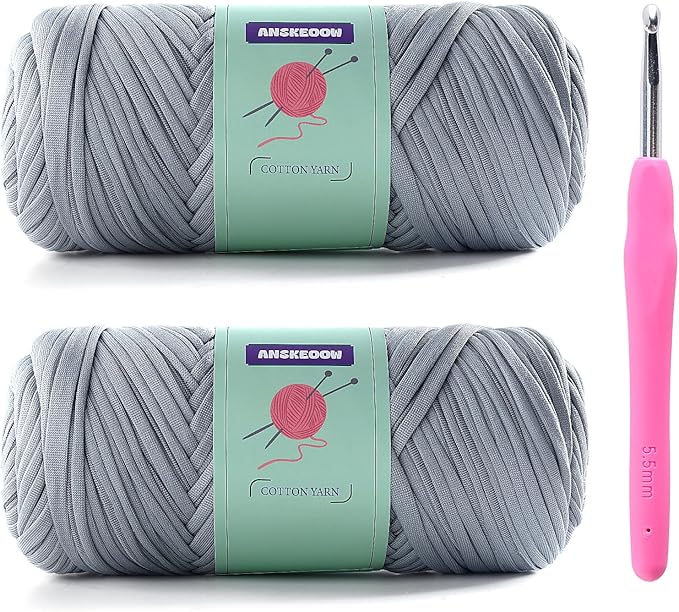 2 Skeins T-Shirt Yarn for Crochet, Soft T-Shirt Yarn for Home Decor, Includes 1 Crochet Hook, Each 7oz, 65yd (Light Gray)