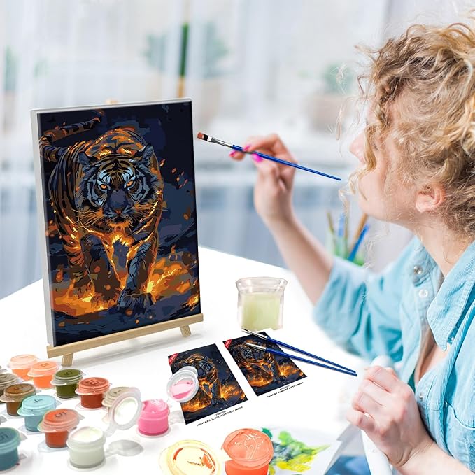 ATDMS Paint by Numbers Kit for Adults with Frame Tiger Paint by Number with Easel DIY Tiger Adult Paint by Number Kits Paint by Number Canvas for Gift Home Wall Decor 8x12 Inch