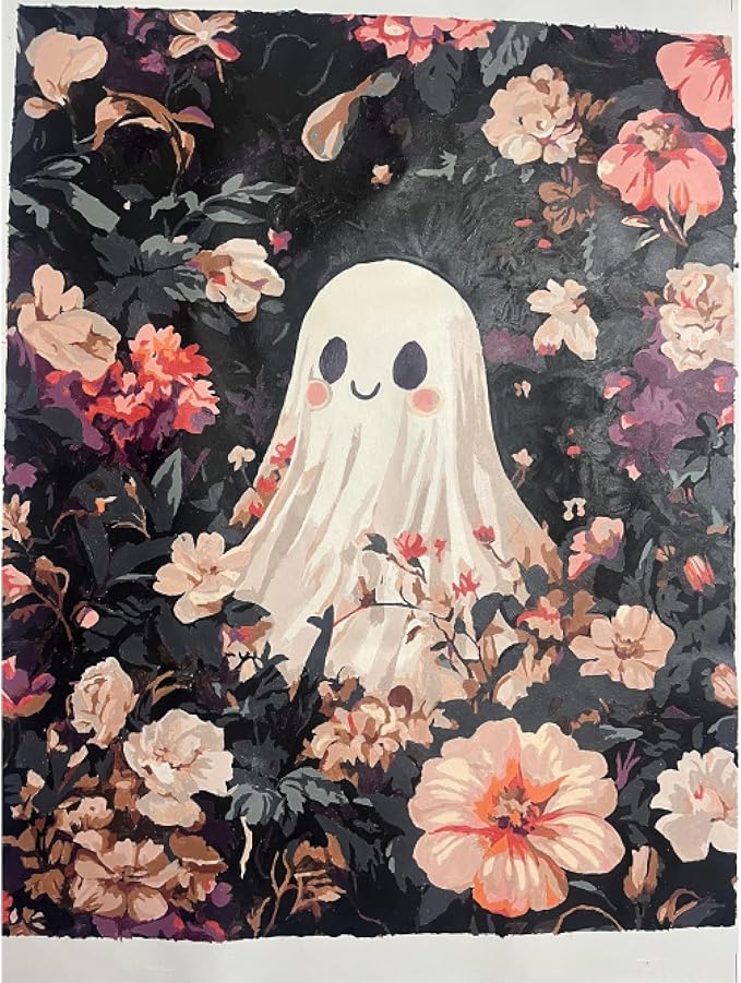Cawpom Ghost Paint by Number, Halloween Ghosts Paint by Numbers Kit for Adults, Ghost Surrounded by Pink Flowers Poster, Acrylic Painting for Holiday Gift Home Decor(16x20inch, No Frame)