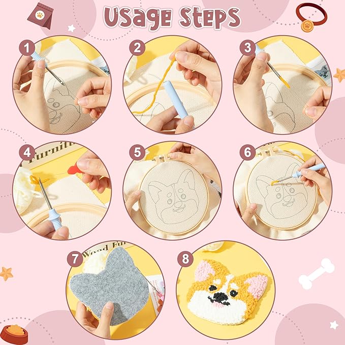 WATINC Craft Punch Needle Coaster Kit, 22Pcs Easy Art Work Decor Craft Supply for Beginners, DIY Set of 6 Puppy Head Pattern Tufted Rug Pads with Adhesive Felt Yarns Embroidery Hoop Tools Instruction