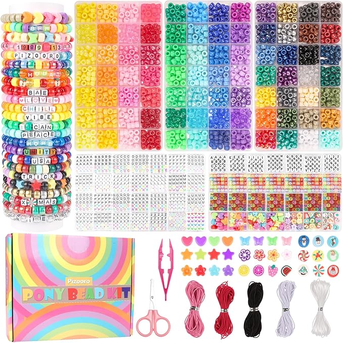 Pizooro 5 Boxes Pony Beads Bracelet Making Kit,3700 Pcs Kandi Bead for Friendship Bracelets Making with Letter Beads,Shaped Beads and Strings,84 Colors Rainbow Bracelet Beads for Craft,Birthday Gifts