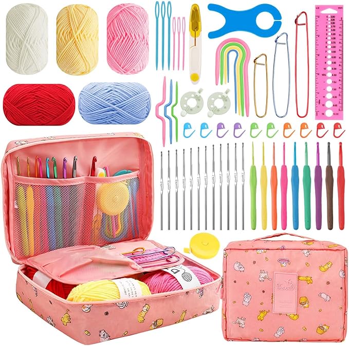HATINXIA 58pcs Crochet Kit Beginners, Crochet Hook Set with Yarn, Portable Crocheting Kit for Starter, Ergonomic Crochet Needles Tools DIY Knitting Accessories for Experienced Crochet Lovers, Cats