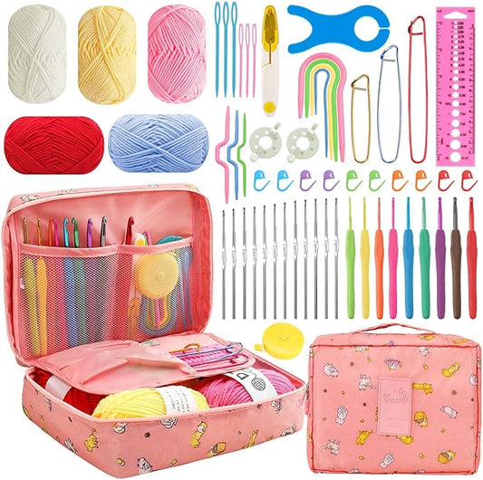 HATINXIA 58pcs Crochet Kit Beginners, Crochet Hook Set with Yarn, Portable Crocheting Kit for Starter, Ergonomic Crochet Needles Tools DIY Knitting Accessories for Experienced Crochet Lovers, Cats