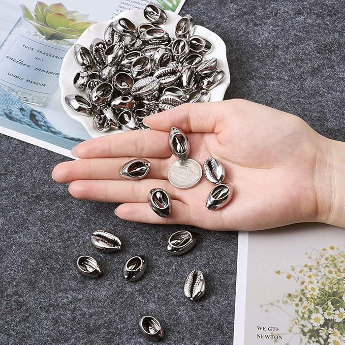 Cheriswelry 100pcs Sea Shell Electroplated Beads Undrilled Light Grey Spiral Cowrie Shell Oval Beads Ocean Summer Beach Loose Spacer Beads 17~21mm for DIY Bracelet Necklace Jewelry Making