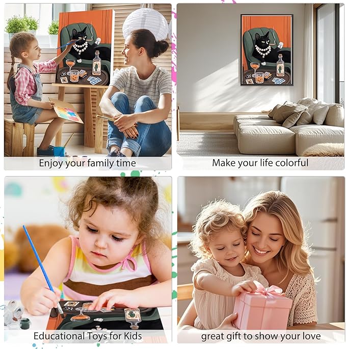 EOBROMD Framed Paint by Numbers Kits for Adults - Wooden Easel, DIY Black Cat Kits Crafts for Beginner, Painting on Stretched Canvas, Oil Paint by Numbers for Home Decor Gift 10x14 Inch