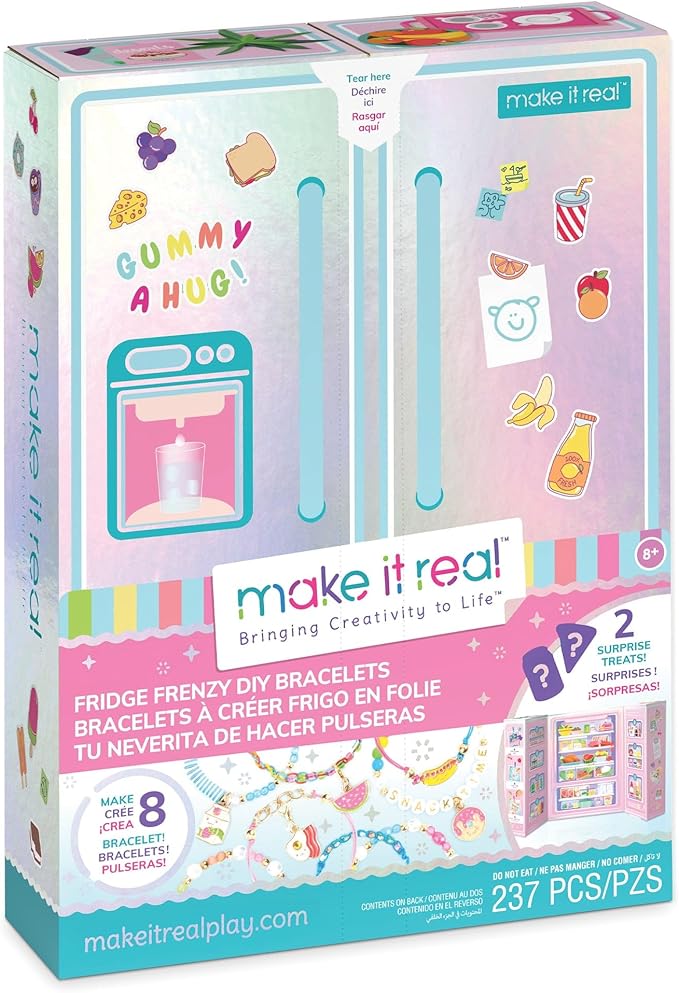 Make It Real: Fridge Frenzy DIY Bracelets - 237pc Jewelry Kit, Make & Design 8 Bracelets, 200+ Beads, Sweets & FoodThemed Charms, Tweens-Girls-Kids 8+
