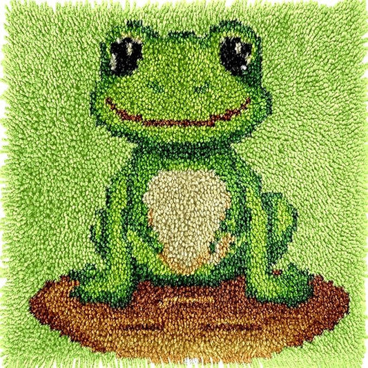Cartoon Cute Green Frog Latch Hook Kits Mini Rug DIY Handmade Crochet Yarn Needlework Hook and Latch Kit Printed Canvas Carpet Cushion Cover Home Christmas Decoration 30x30cm