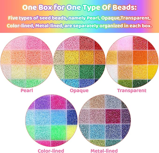 Funtopia 61000pcs 2mm Seed Beads for Jewelry Making, 5 Types 120 Colors Small Glass Beads for Bracelets, Friendship Bracelet Kit with Alphabet Letter Beads, Smile Face Beads for DIY, Art and Craft