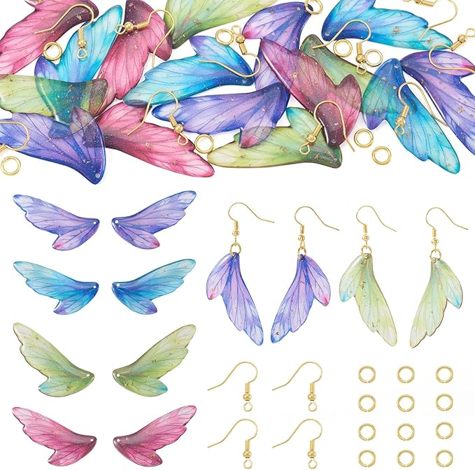 FASHEWELRY 16Pcs Resin Butterfly Wing Charms Colorful Feather Earring Charms Transparent Insect Wings Pendants with Jump Rings Earrings Hooks for DIY Earring Jewelry Making Kits