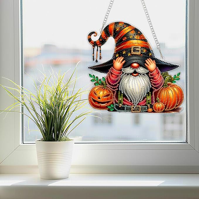 SENQAO Halloween Gnome Pumpkin Diamond Art Hanging Kits for Adults Beginners, DIY Acrylic 5D Special Shaped Crystal Diamond Gem Art Painting Hanging Ornament for Home Wall Decor and Gift