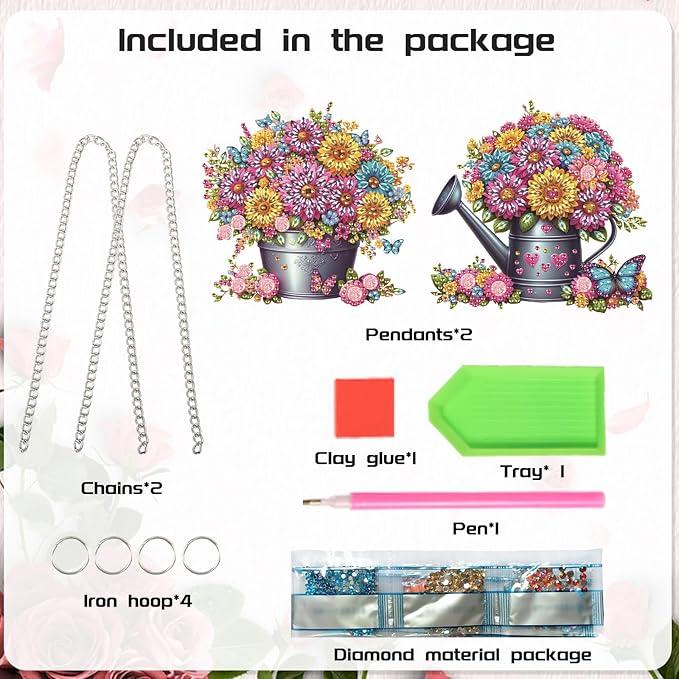 2 Pack Floral Diamond Painting Hanging Decorations – 5D DIY Flower Pot & Watering Can Wall Art, Special Shaped Diamond Art Kit with Hanging Chains, Garden-Inspired Decor for Home & Gift