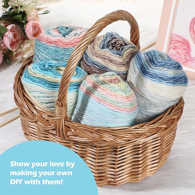 Timgle 5 Rolls Ombre Cake Yarn for Crocheting & Knitting, 3.5oz/100g 328yds Multicolor Self Striping Gradient Yarn, Soft 60% Cotton 30% Acrylic 10% Wool for Scarves Shawls Blankets Garments(Blue)