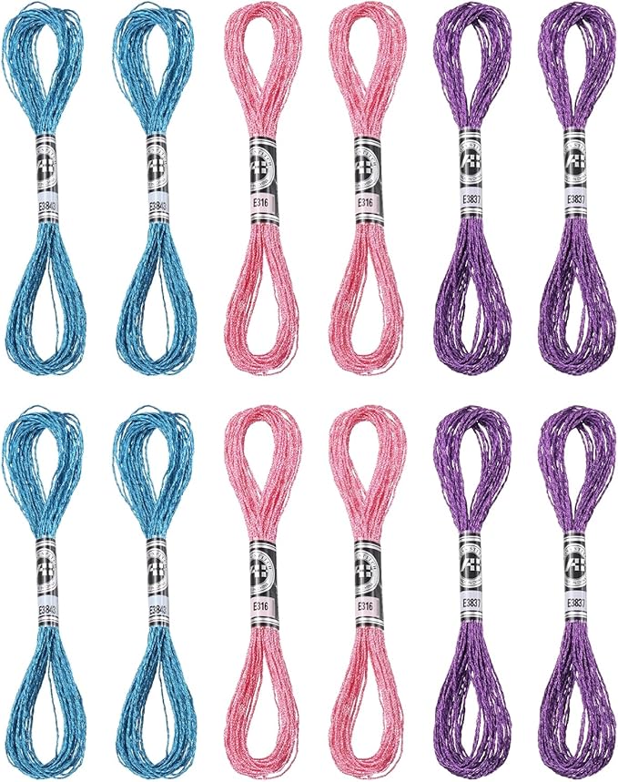 PATIKIL 12 Skeins Embroidery Floss, Metallic Embroidery Thread Nylon Threads Bracelets String for Cross-Stitch Hand Embroidery, Blue/Pink/Purple