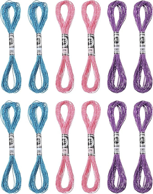 PATIKIL 12 Skeins Embroidery Floss, Metallic Embroidery Thread Nylon Threads Bracelets String for Cross-Stitch Hand Embroidery, Blue/Pink/Purple