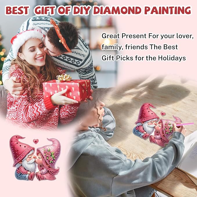 Bowetile Valentine's Day Diamond Art Hanging Kits for Adults, Diamond Art Suncatchers Gnome, 5D Special Shape Diamond Painting Pendant Window Ornament Home Door Wall Decor, Gifts for Women