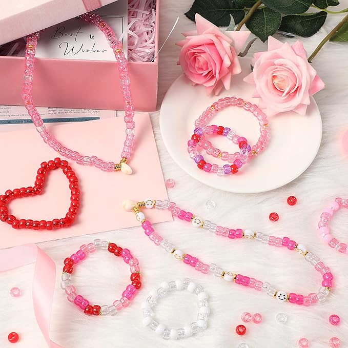 UPINS Valentine's Day Pony Beads, 1200Pcs Glitter Pink Red Round Plastic Craft Pony Beads for Jewelry Making Valentines Party DIY Decoration Necklace Bracelets Romantic Accessories (4 Colors)