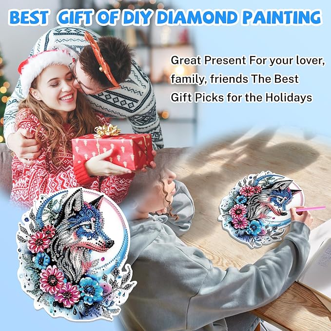 Bowetile Wolf Diamond Art Hanging Kits for Adults, 5D Special Shape Diamond Painting Flowers Pendant Kits, Gem Art Suncatchers Painting Window Ornament for Home Garden Wall Decor
