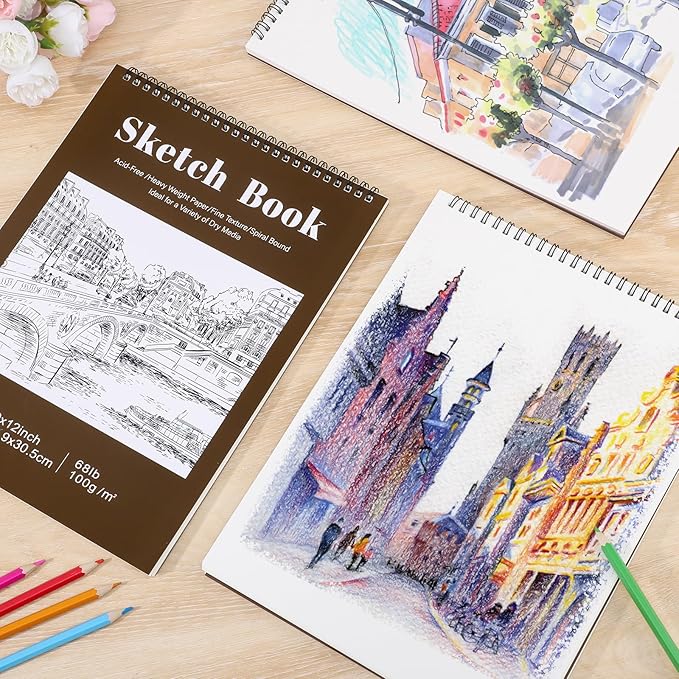 4 pack sketch book, 9 x 12 inch sketchbook, 68lb/100gsm top spiral bound sketch pad, acid free art supplies drawing painting sketching paper for kids, beginners, artists (tan)