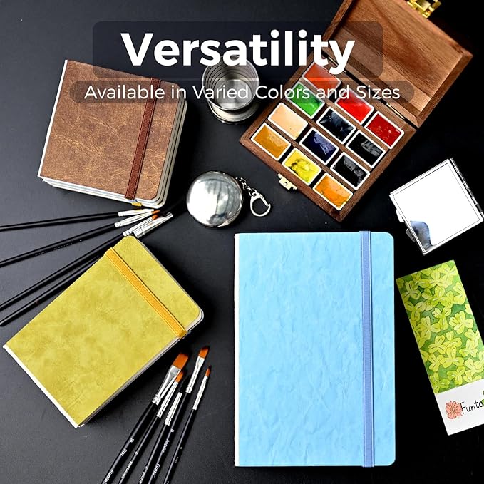Funto Watercolor Journal 2-Pack, 3.5x5.5, 44 Pages Each, 100% Cotton Hot Press, PU Leather Green Hard Cover, Art Supplies for Mixed Media