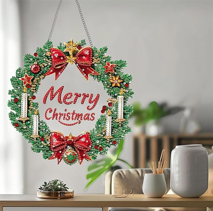 Bimkole Christmas Diamond Art Hanging Kit for Adult, DIY 5D Wreaths Diamond Art Painting Window Pendant, Acrylic Crystal Art Hanging Ornament for Wall Home Garden Front Door Decor - 7.8x7.8 Inch