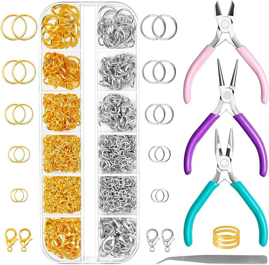 Jewelry Pliers and Jump Rings Set, Needle Nose Round Nose Wire Cutters Chain Pliers for Bracelet, Necklace Jewelry Repair Supplies Kit