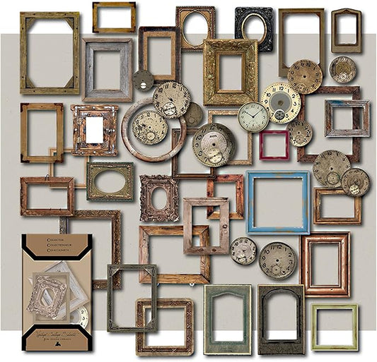 CATaireen Vintage Junk Journal Items Kit Pre Cut Paper Cards Cutout Cardstock Art Aesthetic Decor Hollow Out Craft Elements Small Embellishments Supplies for Adults Scrapbook Pack (Photo Frame Dark)