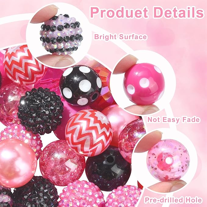 Ipotkitt 50 Pcs 19~20mm Acrylic Beads Sets Colorful Resin Bubblegum Round Spacer Beads Large Chunky Plastic Beads for Valentine's Day DIY Jewelry Decor