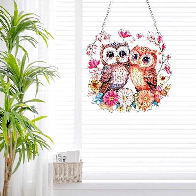 Lxmsja DIY Two Owls Diamond Painting Hanging Ornament, Double-Sided Acrylic Flowers Tree Branch Diamond Art Kit, Special Shaped Suncatcher Hanging Pendant Window Art Kit 8x8 inch